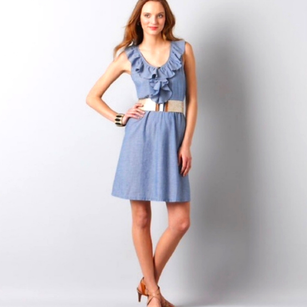 Ann Taylor Blue Chambray Ruffled Mini Dress